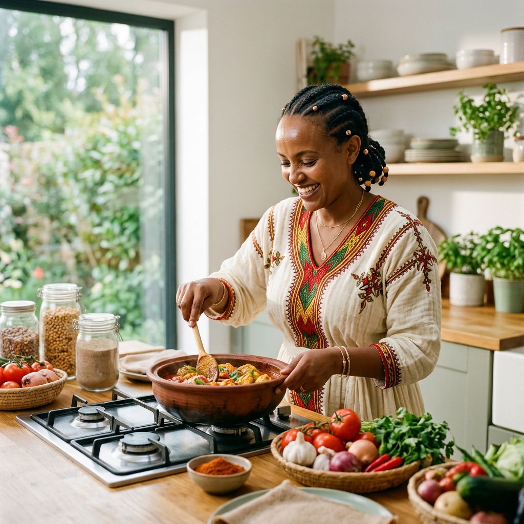 Ethiopian mother lovingly preparing fresh, homemade food
